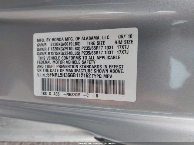 5FNRL5H36GB112162 Honda ODYSSEY SE