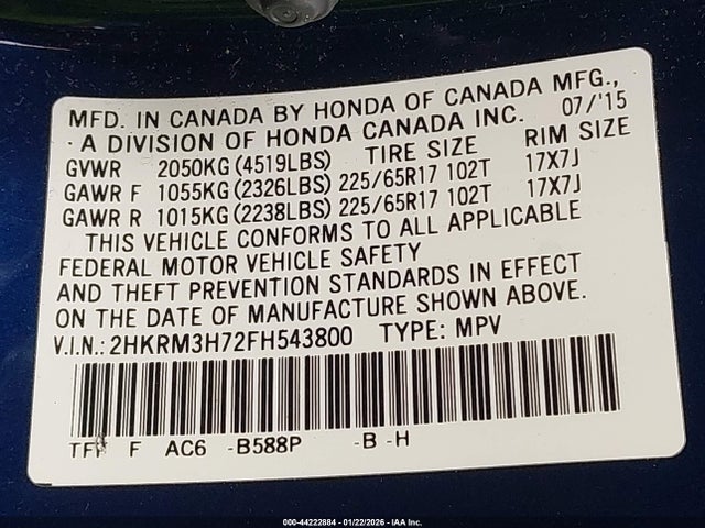 2HKRM3H72FH543800 Honda Cr-v Ex-l