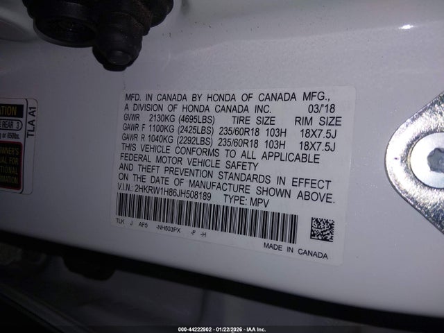 2HKRW1H86JH508189 Honda Cr-v Ex-l/ex-l Navi