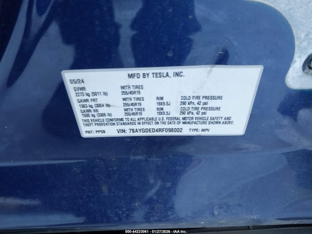 Продаж на аукціоні авто 2024 Tesla Model Y Rwd, vin: 7SAYGDED4RF098002, номер лоту: 44223061