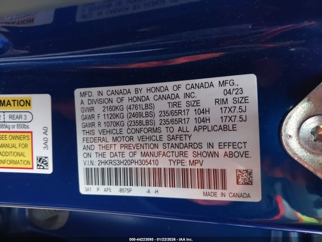 2023 Honda Cr-v Lx 2wd მანქანა იყიდება აუქციონზე, vin: 2HKRS3H20PH305410, აუქციონის ნომერი: 44223095