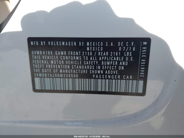 Продаж на аукціоні авто 2017 Volkswagen Jetta 1.4t Se, vin: 3VWDB7AJ9HM208508, номер лоту: 44223130