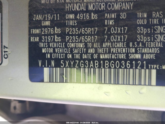 44223144 :رقم المزاد ، 5XYZG3AB1BG036121 vin ، 2011 Hyundai Santa Fe Gls مزاد بيع