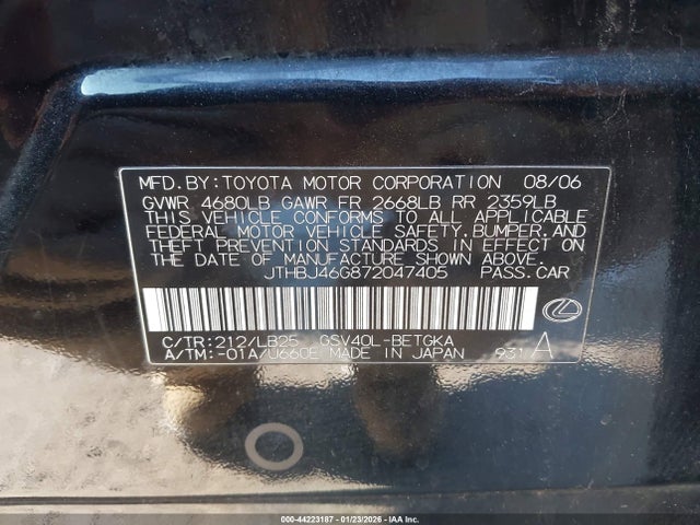 Aukcja sprzedaży 2007 Lexus Es 350, vin: JTHBJ46G872047405, numer aukcji: 44223187
