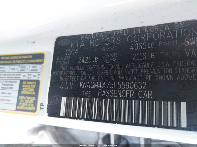 44223202 :رقم المزاد ، KNAGM4A75F5590632 vin ، 2015 Kia Optima Lx مزاد بيع