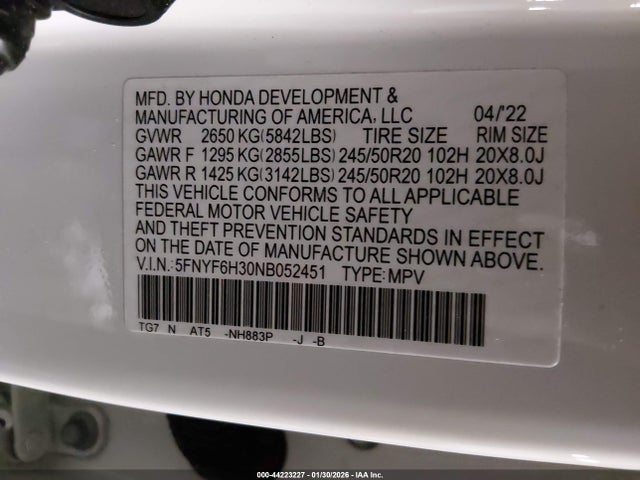Продажа на аукционе авто 2022 Honda Pilot Awd Sport, vin: 5FNYF6H30NB052451, номер лота: 44223227