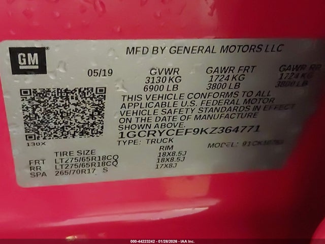 44223242 :رقم المزاد ، 1GCRYCEF9KZ364771 vin ، 2019 Chevrolet Silverado 1500 Custom Trail Boss مزاد بيع