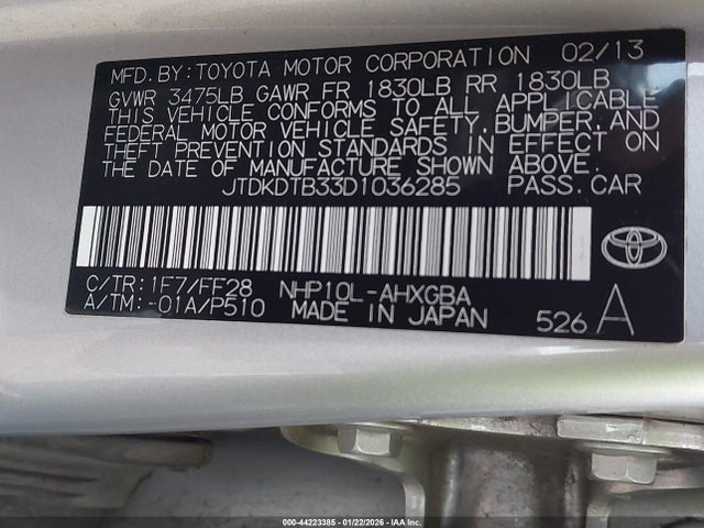 2013 Toyota Prius C Three მანქანა იყიდება აუქციონზე, vin: JTDKDTB33D1036285, აუქციონის ნომერი: 44223385