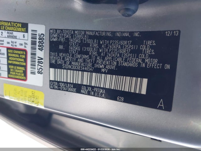 5TDYK3DC6ES446547 Toyota Sienna Xle V6 8 Passenger