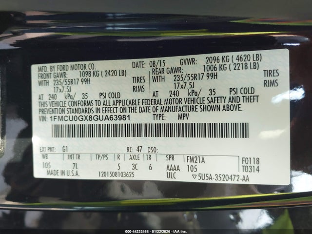 Продажа на аукционе авто 2016 Ford Escape Se, vin: 1FMCU0GX8GUA63981, номер лота: 44223468