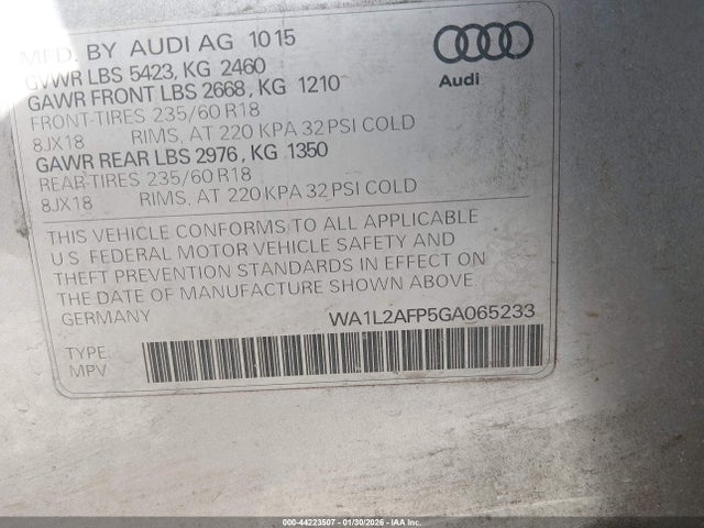 44223507 :رقم المزاد ، WA1L2AFP5GA065233 vin ، 2016 Audi Q5 2.0t Premium مزاد بيع