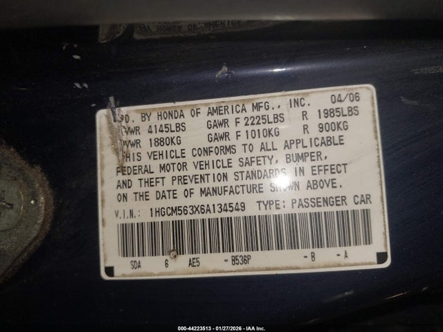 Aukcja sprzedaży 2006 Honda Accord 2.4 Se, vin: 1HGCM563X6A134549, numer aukcji: 44223513