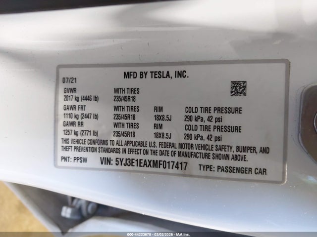 2021 TESLA MODEL 3 5YJ3E1EAXMF017417 Photo 8