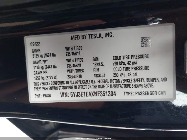 2022 TESLA MODEL 3 5YJ3E1EAXNF351304 Photo 8