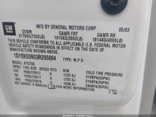 2003 CADILLAC ESCALADE 1GYEK63N03R295864 Photo 8