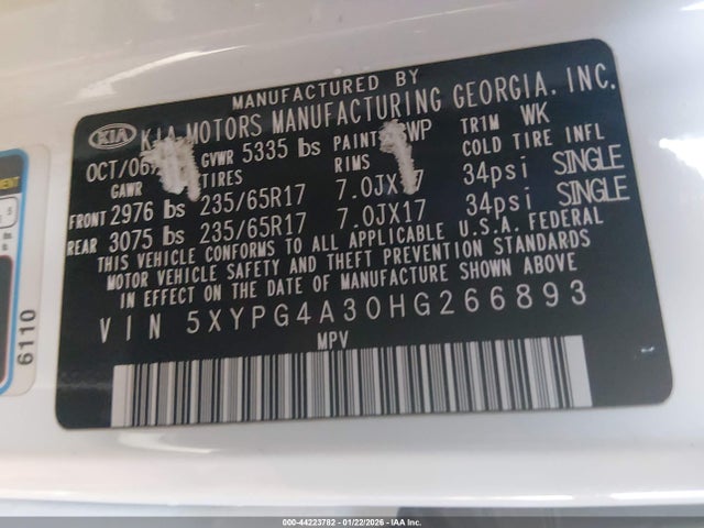5XYPG4A30HG266893 KIA Sorento 2.4l Lx