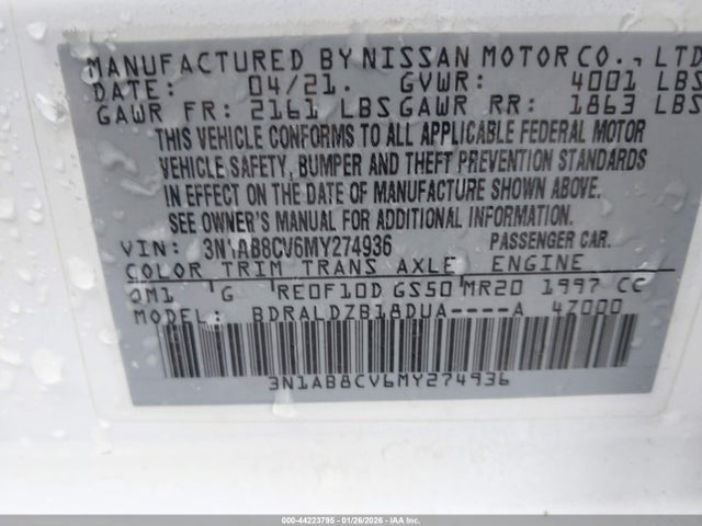 Продаж на аукціоні авто 2021 Nissan Sentra Sv Xtronic Cvt, vin: 3N1AB8CV6MY274936, номер лоту: 44223795
