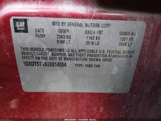 44223917 :رقم المزاد ، 1G6DT57VX80214354 vin ، 2008 Cadillac Cts Standard مزاد بيع
