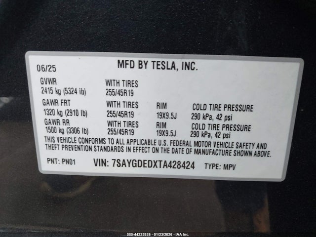 Продажа на аукционе авто 2026 Tesla Model Y Premium Rear-wheel Drive/standard Rear-wheel Drive, vin: 7SAYGDEDXTA428424, номер лота: 44223926