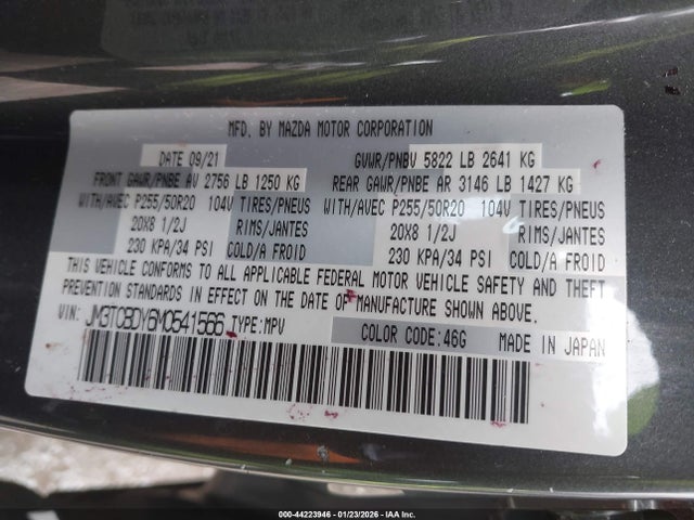 44223946 :رقم المزاد ، JM3TCBDY6M0541566 vin ، 2021 Mazda Cx-9 Grand Touring مزاد بيع