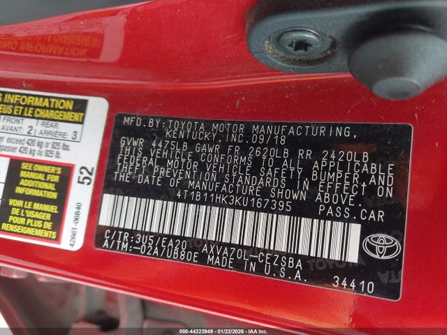 4T1B11HK3KU167395 Toyota CAMRY SE