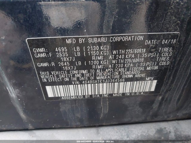 44224005 :رقم المزاد ، 4S4BSATC1J3364566 vin ، 2018 Subaru Outback 2.5i Touring مزاد بيع