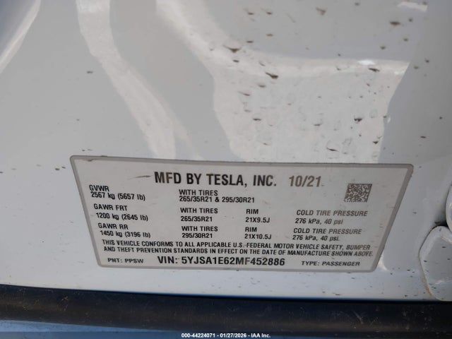 Продаж на аукціоні авто 2021 Tesla Model S Plaid Tri Motor All-wheel Drive, vin: 5YJSA1E62MF452886, номер лоту: 44224071