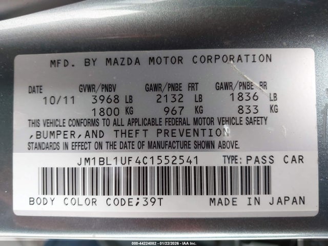 Продажа на аукционе авто 2012 Mazda Mazda3 I Sport, vin: JM1BL1UF4C1552541, номер лота: 44224082