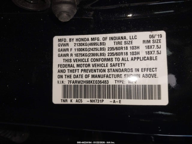 Honda Cr-v Touring 2019 7FARW2H98KE036483 Image 9