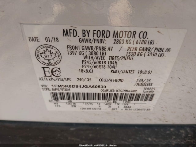Продаж на аукціоні авто 2018 Ford Explorer Xlt, vin: 1FM5K8D84JGA60530, номер лоту: 44224181