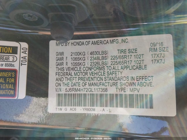 44224228 :رقم المزاد ، 5J6RM4H72GL117358 vin ، 2016 Honda Cr-v Ex-l مزاد بيع