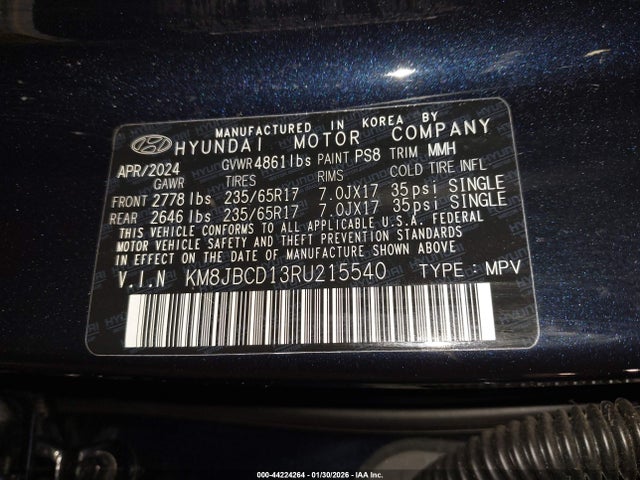 Aukcja sprzedaży 2024 Hyundai Tucson Hybrid Blue, vin: KM8JBCD13RU215540, numer aukcji: 44224264