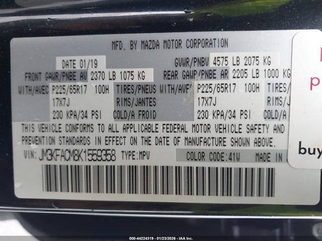 Aukcja sprzedaży 2019 Mazda Cx-5 Touring, vin: JM3KFACM8K1559358, numer aukcji: 44224319