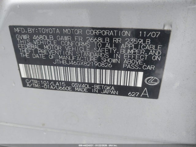 Продажа на аукционе авто 2008 Lexus Es 350, vin: JTHBJ46GX82190826, номер лота: 44224321