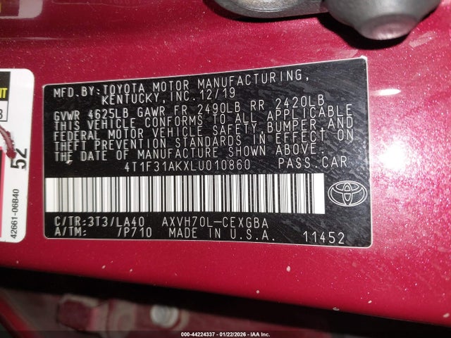 4T1F31AKXLU010860 Toyota Camry Xle Hybrid