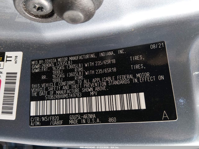 5TDBZRBHXMS149783 Toyota Highlander Le