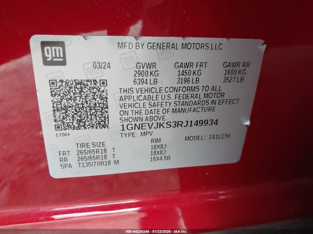 1GNEVJKS3RJ149934 Chevrolet Traverse Awd Z71