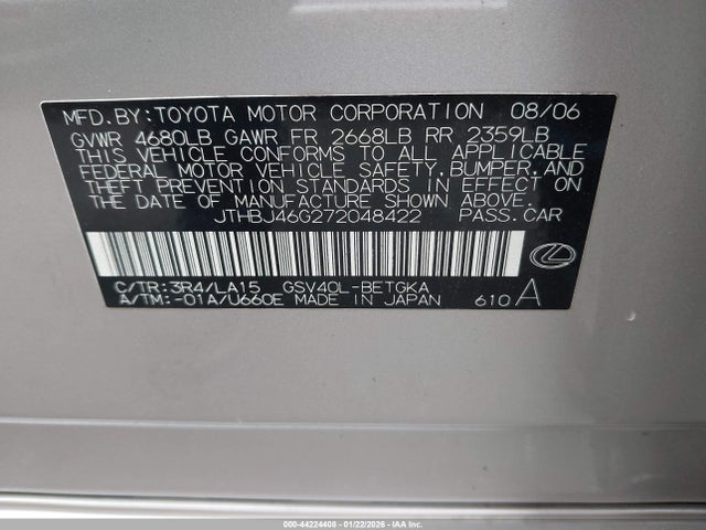 44224408 :رقم المزاد ، JTHBJ46G272048422 vin ، 2007 Lexus Es 350 مزاد بيع