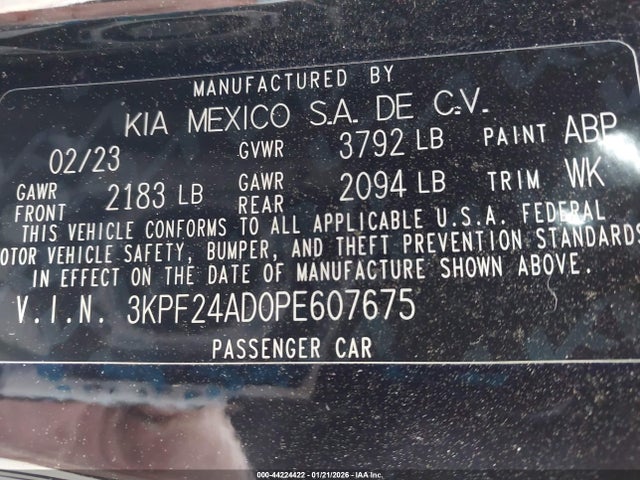 2023 Kia Forte Lxs მანქანა იყიდება აუქციონზე, vin: 3KPF24AD0PE607675, აუქციონის ნომერი: 44224422
