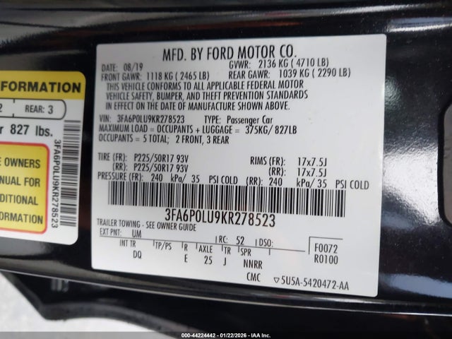 3FA6P0LU9KR278523 Ford Fusion Hybrid Se