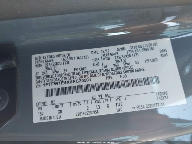 Aukcja sprzedaży 2019 Ford F-150 Xlt, vin: 1FTFW1E4XKFC20501, numer aukcji: 44224501