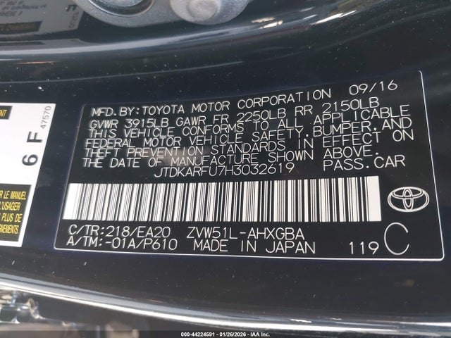 JTDKARFU7H3032619 Toyota Prius Four