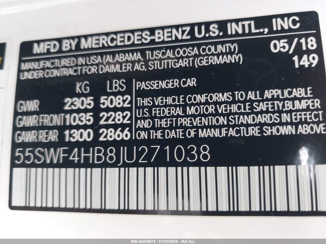 Aukcja sprzedaży 2018 Mercedes-benz C 350e, vin: 55SWF4HB8JU271038, numer aukcji: 44224673
