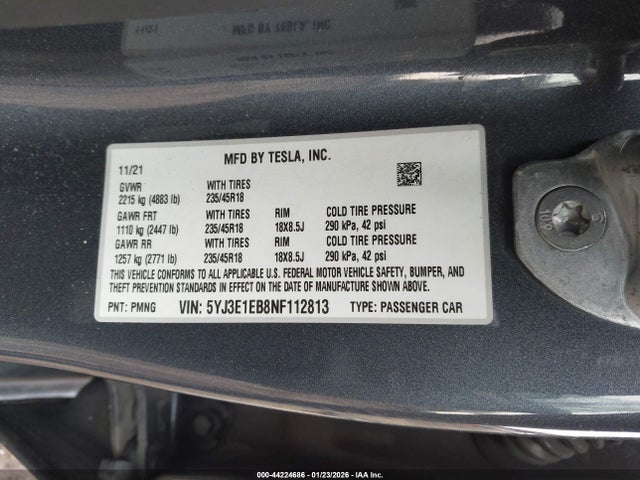 5YJ3E1EB8NF112813 Tesla Model 3 Long Range Dual Motor All-wheel Drive