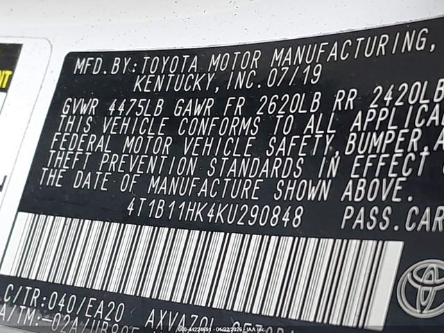 4T1B11HK4KU290848 Toyota CAMRY SE