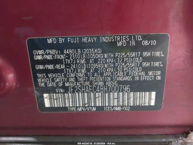44224719 :رقم المزاد ، JF2SHAEC4BH700796 vin ، 2011 Subaru Forester 2.5x Limited مزاد بيع