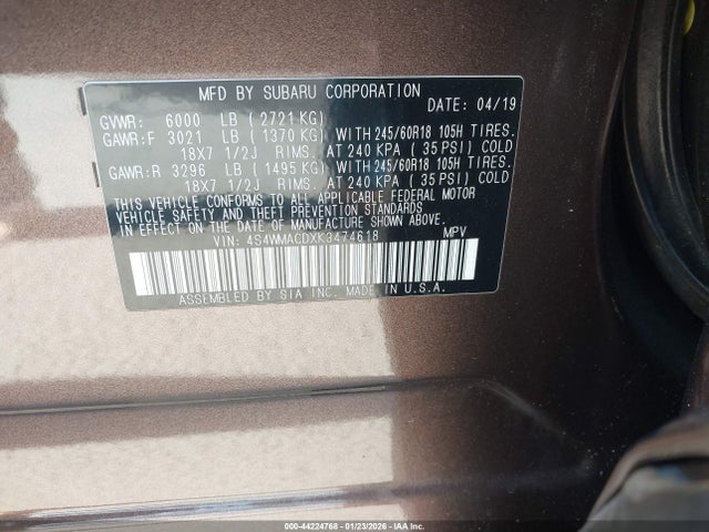 Aukcja sprzedaży 2019 Subaru Ascent Premium, vin: 4S4WMACDXK3474618, numer aukcji: 44224768