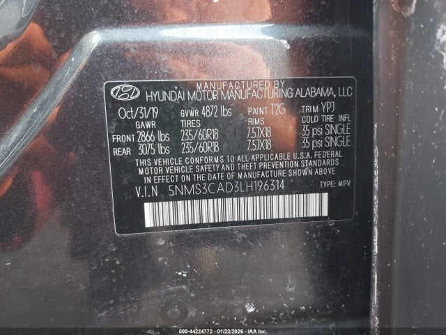 5NMS3CAD3LH196314 Hyundai Santa Fe Sel