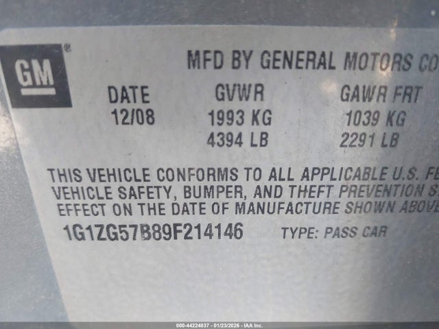 Aukcja sprzedaży 2009 Chevrolet Malibu Ls, vin: 1G1ZG57B89F214146, numer aukcji: 44224837