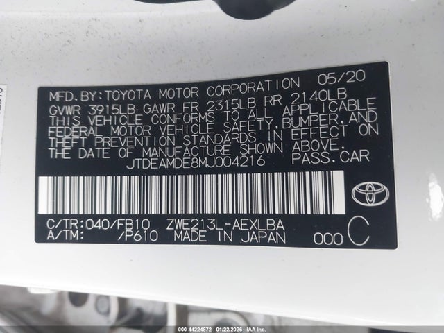 JTDEAMDE8MJ004216 Toyota Corolla Hybrid Le